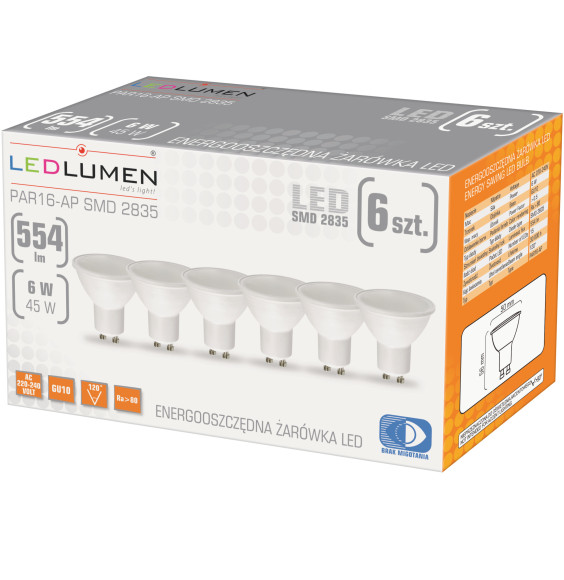 Zestaw 6x PAR16-AP GU10 6W 2835 LED WW
