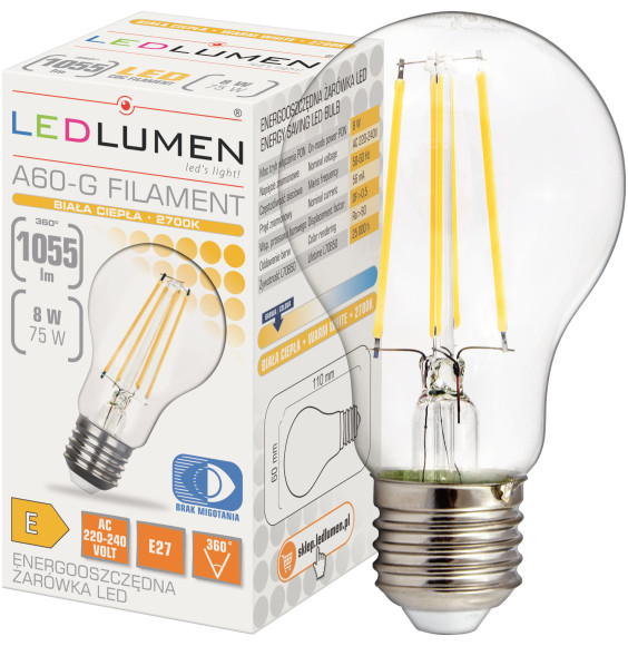 Żarówka LED A60-G E27 230V 8W FILAMENT 1055lm WW