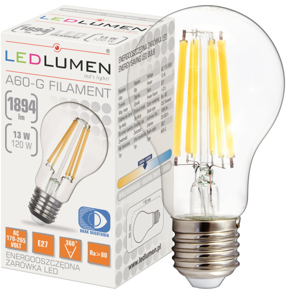 Żarówka LED A60-G E27 230V 13W FILAMENT 1894lm NW