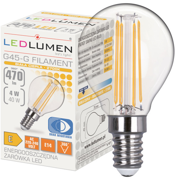 Żarówka LED G45-G E14 230V 4W FILAMENT 470lm WW