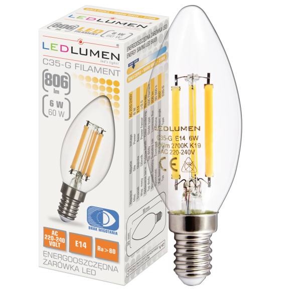 Żarówka LED C35-G E14 230V 6W FILAMENT 806lm biała ciepła
