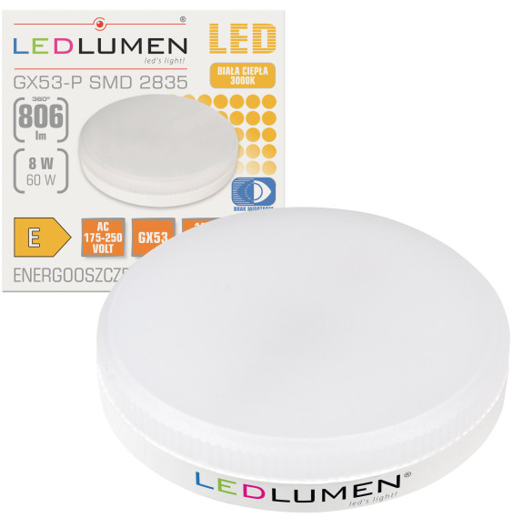 Żarówka GX53-P 8W 230V 16x2835 LED CCD biała ciepła