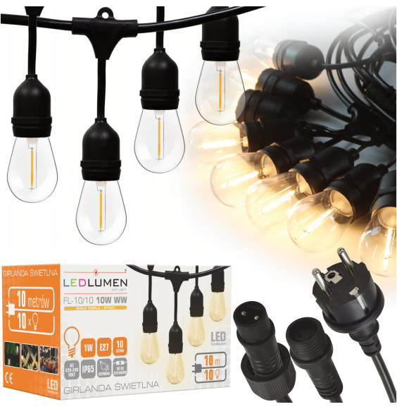 Girlanda ogrodowa 10m IP65 10xE27 LED 1W biała ciepła łańcuch świetlny