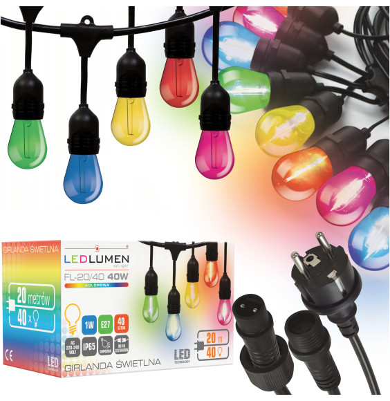 Girlanda ogrodowa 20m IP65 40xE27 LED 1W kolorowe łańcuch świetlny