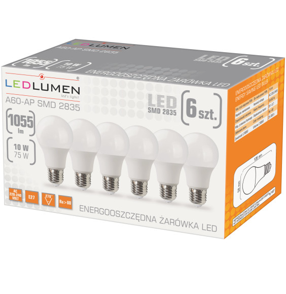 Zestaw 6x żarówka LED A60-AP E27 10W 972lm barwa biała ciepła